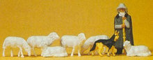 Load image into Gallery viewer, Preiser 14160 HO Scale Animals -- Shepherd w/Sheep Dog &amp; Sheep pkg(8)