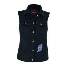 Load image into Gallery viewer, Women's Black Denim Snap Front Vest with Purple Daisy