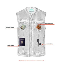 Load image into Gallery viewer, Mens Blue Denim Motorcycle Vest with Concealed Snaps &amp; Zipper