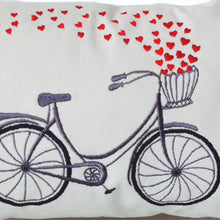 Load image into Gallery viewer, Decorative Throw Pillow Cover with Heart Bicycle Embroidered on Canvas-12x20- Engagement Wedding Anniversary Birthday Gift- Back to School