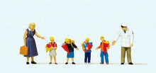 Load image into Gallery viewer, Preiser 10596 HO Scale Pedestrians -- First Day at School Man, Woman, 4 Children