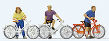 Load image into Gallery viewer, Preiser 10637 HO Scale Cyclists Waiting At Crossing -- 3 Figures, 3 Bikes