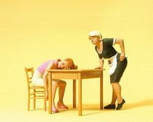 Load image into Gallery viewer, Preiser 45145 G Scale Pedestrians -- Sleeping Guest At Table &amp; Waitress pkg(2)