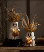 Load image into Gallery viewer, Scaredy Boo With Pumpkin Bucket Paper Mache