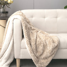 Load image into Gallery viewer, DaDalogy Bedding Champagne Ivory Faux Fur Throw Blanket - Dreamy Gold Geometric Embossed Sherpa Backside - Super Soft Warm Cozy Plush Fluffy