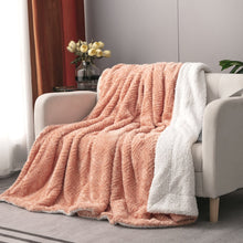 Load image into Gallery viewer, DaDa Bedding Coral Peach Rose Faux Fur Throw Blanket - Dreamy Geometric Embossed Sherpa Backside - Super Soft Warm Cozy Plush Fluffy