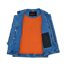 Load image into Gallery viewer, Mens Blue Denim Motorcycle Vest with Concealed Snaps &amp; Zipper