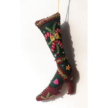 Load image into Gallery viewer, 6.5" Red High Heeled Shoe w/Grn Stocking &amp;Candy Canes