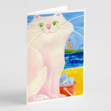 Load image into Gallery viewer, Big white Cat at the beach Greeting Cards -  Blank Note Cards – 8-Pack of Artist-Designed Cards with Envelopes