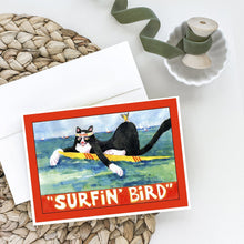 Load image into Gallery viewer, Black and white Cat Surfin Bird Greeting Cards -  Blank Note Cards – 8-Pack of Artist-Designed Cards with Envelopes