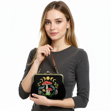 Load image into Gallery viewer, Celestial Mushroom Kiss Lock Bag in Linen Cotton Blend Mater