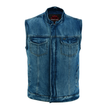 Load image into Gallery viewer, Men's Blue Denim Motorcycle Vest with Lace &amp; Pockets