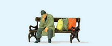 Load image into Gallery viewer, Preiser 29094 HO Scale Individual Figures -- Homeless Man on a Bench with Bags