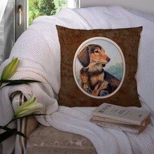 Load image into Gallery viewer, Long Hair Chocolate and Cream Dachshund Throw Pillow - 14x14 Decorative Pillow – Art for Your Home &amp; Patio 7023PW1414