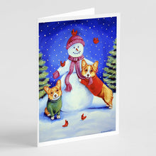 Load image into Gallery viewer, Snowman with Corgi Greeting Cards -  Blank Note Cards – 8-Pack of Artist-Designed Cards with Envelopes