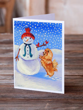 Load image into Gallery viewer, Snowman with Pomeranian Winter Snowman  Greeting Cards -  Blank Note Cards – 8-Pack of Artist-Designed Cards with Envelopes