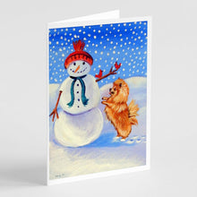 Load image into Gallery viewer, Snowman with Pomeranian Winter Snowman  Greeting Cards -  Blank Note Cards – 8-Pack of Artist-Designed Cards with Envelopes