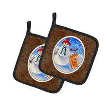 Load image into Gallery viewer, Snowman with Pomeranian Winter Snowman Pot Holders - Set of 2 Decorative Kitchen Helpers | Made in the USA 7151PTHD