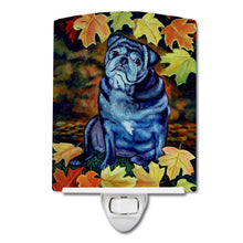 Load image into Gallery viewer, Old Black Pug in Fall Leaves Ceramic Night Light 7159CNL