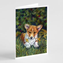 Load image into Gallery viewer, Corgi Pup and Daffodils Greeting Cards -  Blank Note Cards – 8-Pack of Artist-Designed Cards with Envelopes