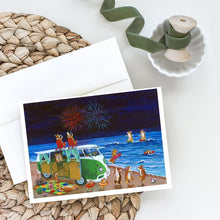 Load image into Gallery viewer, Corgi Beach Party Volkswagon Bus Fireworks Greeting Cards -  Blank Note Cards – 8-Pack of Artist-Designed Cards with Envelopes