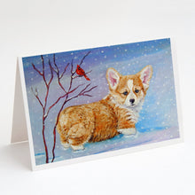 Load image into Gallery viewer, Corgi Pup Snow Cardinal Greeting Cards -  Blank Note Cards – 8-Pack of Artist-Designed Cards with Envelopes