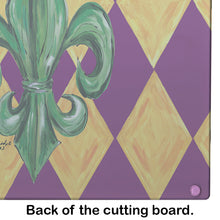 Load image into Gallery viewer, Mardi Gras Fleur de lis Purple Green and Gold Glass Cutting Boards – Durable, Decorative Kitchen Art Large
