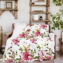 Load image into Gallery viewer, DaDa Bedding Romantic Roses Floral Throw Blanket - Lovely Spring Pink &amp; White Scalloped Colorful Lightweight Breathable - Bright Vibrant Quilted Throw Blanket - 50 x 60