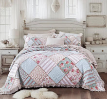Load image into Gallery viewer, DaDa Bedding Hint of Mint Floral Pastel Cotton Patchwork Ruffle Bedspread Set (JHW-3036)