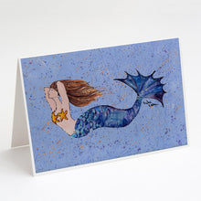 Load image into Gallery viewer, Brown Headed Mermaid on Blue Greeting Cards -  Blank Note Cards – 8-Pack of Artist-Designed Cards with Envelopes