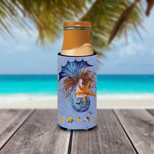 Load image into Gallery viewer, Brown Headed Mermaid on Blue Slim Can Hugger – Fun &amp; Functional Drink Coolers 8337MUK