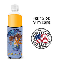 Load image into Gallery viewer, Brown Headed Mermaid on Blue Slim Can Hugger – Fun &amp; Functional Drink Coolers 8337MUK
