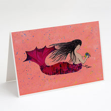 Load image into Gallery viewer, Black haired Mermaid on Red Greeting Cards -  Blank Note Cards – 8-Pack of Artist-Designed Cards with Envelopes