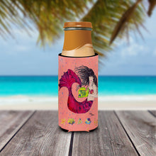 Load image into Gallery viewer, Black haired Mermaid on Red Slim Can Hugger – Fun &amp; Functional Drink Coolers 8338MUK