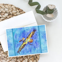 Load image into Gallery viewer, Pelican Fyling on Blue Greeting Cards -  Blank Note Cards – 8-Pack of Artist-Designed Cards with Envelopes