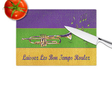 Load image into Gallery viewer, Mardi Gras and Trumpet Glass Cutting Boards – Durable, Decorative Kitchen Art