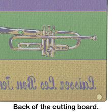 Load image into Gallery viewer, Mardi Gras and Trumpet Glass Cutting Boards – Durable, Decorative Kitchen Art
