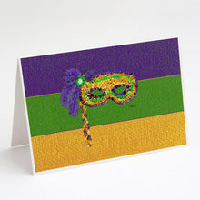 Load image into Gallery viewer, Mardi Gras Mask on Stick Greeting Cards -  Blank Note Cards – 8-Pack of Artist-Designed Cards with Envelopes