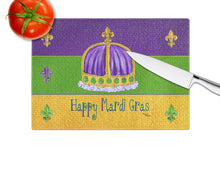 Load image into Gallery viewer, Happy Mardi Gras with Crown Glass Cutting Boards – Durable, Decorative Kitchen Art