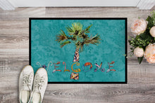 Load image into Gallery viewer, Welcome Palm Tree on Teal Doormat - 24x36 Decorative Floor Mat – Indoor/Outdoor Rug