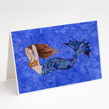 Load image into Gallery viewer, Brunette Mermaid on Blue Greeting Cards -  Blank Note Cards – 8-Pack of Artist-Designed Cards with Envelopes