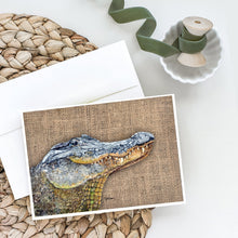 Load image into Gallery viewer, Alligator  on Faux Burlap Greeting Cards -  Blank Note Cards – 8-Pack of Artist-Designed Cards with Envelopes
