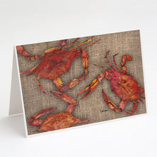 Load image into Gallery viewer, Cooked Crabs on Faux Burlap Greeting Cards -  Blank Note Cards – 8-Pack of Artist-Designed Cards with Envelopes