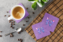 Load image into Gallery viewer, Butterfly on Purple Coasters - Set of 4 Lightweight Foam, Absorbent Drink Coasters