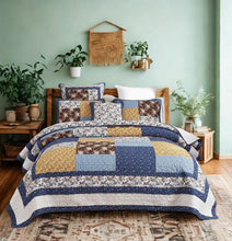 Load image into Gallery viewer, Tache Prairie Sunset White Blue Yellow Brown Floral Cotton Patchwork Quilt Set (JHW-887)