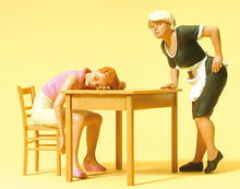 Load image into Gallery viewer, Preiser 45145 G Scale Pedestrians -- Sleeping Guest At Table &amp; Waitress pkg(2)