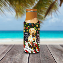 Load image into Gallery viewer, Santa's Helpers in Christmas Stockings Labrador Slim Can Hugger – Fun &amp; Functional Drink Coolers AMB1314MUK