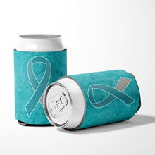 Load image into Gallery viewer, Teal and White Ribbon for Cervical Cancer Awareness Can or Bottle Hugger AN1215CC