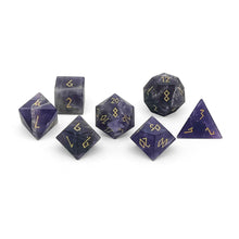 Load image into Gallery viewer, Amethyst - Frosted Gold Font 7 Piece RPG Set Gemstone Dice