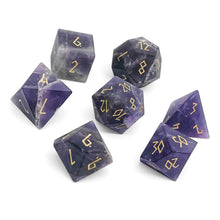 Load image into Gallery viewer, Amethyst - Frosted Gold Font 7 Piece RPG Set Gemstone Dice